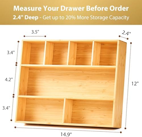 Umilife Large Bamboo Desk Drawer Organizer, Wood Office Junk Tray, 15"x12"