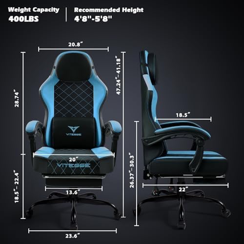 PUKAMI Gaming Chair with Footrest,Ergonomic Gamer Chair for Adults, Racing Style Reclining Computer Game Chair with Headrest and Lumbar Support (Cyan)