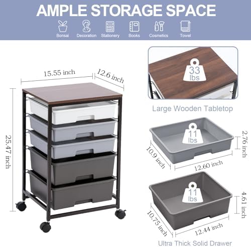 SYKIARIOL Utility Cart with Drawers,5 Drawers Storage Cart,Dark Grey