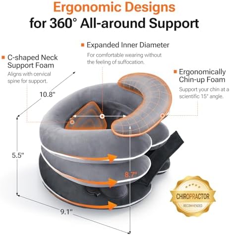 Built-in Inflatable Neck Stretcher with High-Front & Low-Back for Effective Traction, Neck Decompression Devices with 3-Layer Chambers in Varied Sizes, Neck Decompression Home Use