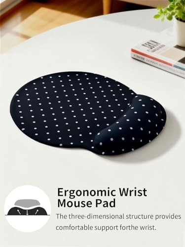Seorsok Cute White Polka Dot Mouse Pad with Gel Wrist Support Mouse Pad,Ergonomic Aesthetic,Comfortable Mousepad for Office Game Work Computer,Pain Relief Mousepad with Non-Slip Silicone Base,Black