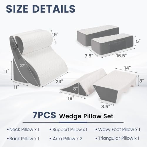 WSOFRALC 7PCS Orthopedic Bed Wedge Pillow Set for Sleeping