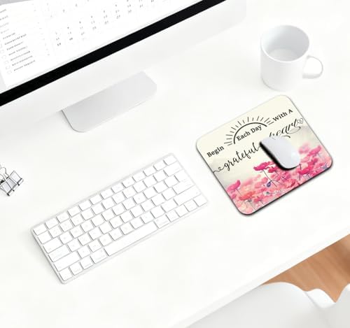 9.5x7.9 Inch Office/Gaming Mouse Pad, Begin Each Day with A Grateful Heart Inspirational Quote Pink Lotus Flowers Painting Design, Motivational Floral Art Cute Anti-Slip Mat for Desk