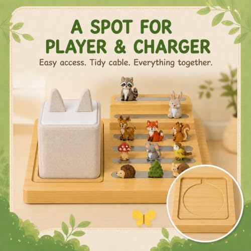 Tree Display Shelf Compatible with Toniebox, Wooden Figurine Organizer with Player Charging Dock, 20+ Capacity, Silver Chain Swing, Desk Storage