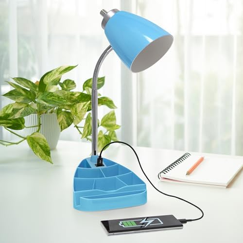 Simple Designs LD1056-BLU-LB 18.5" Gooseneck Organizer Desk Lamp with iPad Tablet Stand Book Holder and USB Port, with LED Bulb, Blue