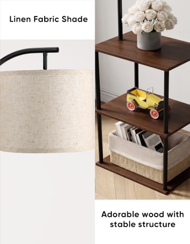 PARTPHONER Floor Lamp with Table, Night Stand with Lamp, Narrow Side Table with 3CCT LED Bulb, Small Coffee Table, Modern End Table with Storage Shelves for Living Room Bedroom, Walnut Brown