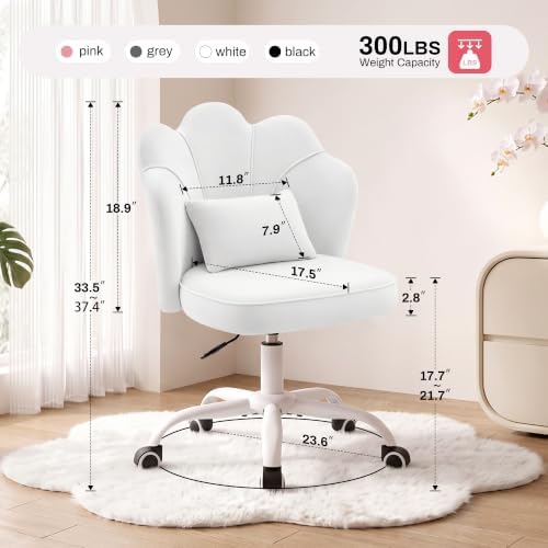 Vanity Chair with Wheels, Swivel Velvet Makeup Desk Chair, White