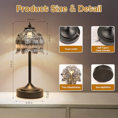 Cordless Table Lamp, Rechargeable Black Glass Lotus Flower Lamp