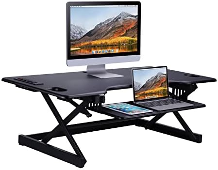 Rocelco 46" Height Adjustable Standing Desk Converter with AC USB Charger and Anti Fatigue Floor Mat - Sit Stand Up Triple Screen Riser Workstation - Keyboard Tray - Black (R DADRB-46-ACUSB-MAFM)