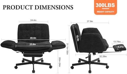 Criss Cross Chair with Footrest & 5 Level Folding Arms Full Relaxation, Wide Cross Legged Office Chair for Home Office, Comfy Swivel Desk Chair with Ottoman, Chenille Vanity Chair (Black)