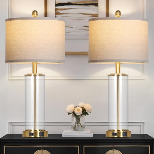 26" Gold Glass Table Lamps Set of 2, 3-Way Dimmable Touch Control Living Room Lamp with USB C+A Ports & AC Outlet, Modern Bedside Lamps, Elegant Bedroom Lamps for Nightstand Side End Table Desk