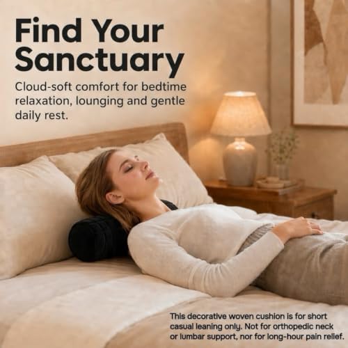Soft Cylinder Lumbar Pillow, 15.7 x 5.9 Inch Hand-Woven Velvet Neck Roll Pillow, Polyester Fiber Filled for Neck Back Leg Relaxation, Decorative Throw for Couch Sofa Bed Office (Black)