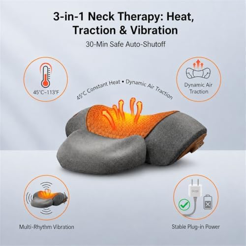 3-in-1 Neck Massager Pillow with Heat and Airbag Traction - Premium Memory Foam Neck Stretcher for Deep Tissue Muscle Relaxation, Cervical Posture Support & Shoulder Tension Relief (Gray)