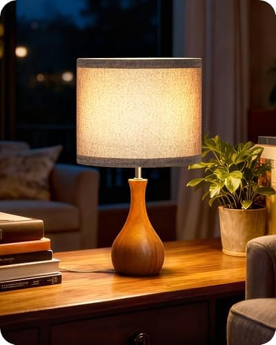 Gray Table Lamp, 14.2" Small Bedside Lamp, Compact Desk Lamp with Gray Linen Lampshade & Dark Walnut Base, Modern Nightstand Lamp for Bedroom, Kid's Room, Office, E26 Socket, LH09TL05