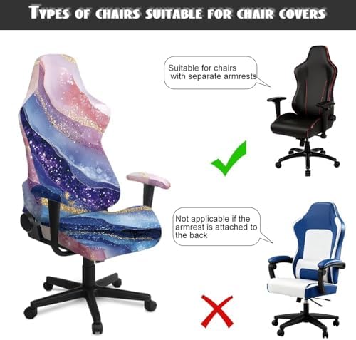 Gradient Marble Pattern Gaming Chair Cover with Armrest Cover Easy to Install Zipper Design Slipcover Scratch Proof Non-Fading Universal Rotating Desk Chair Protector