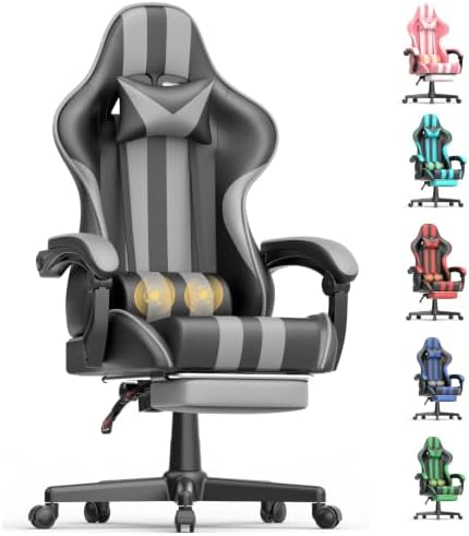 Ferghana Grey Gaming Chair, Ergonomic Racing Style Computer Chair with Footrest, Adjustable Reclining, Lumbar and Head Support, PU Leather Gamer Chair
