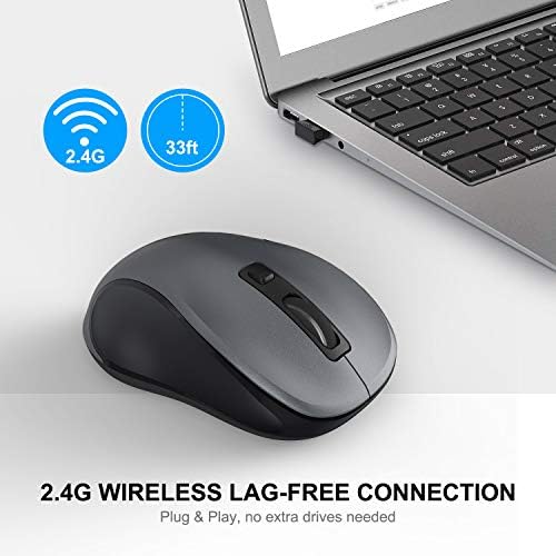 WisFox 2.4GHz Wireless Mouse for Laptop, Ergonomic 6-Button Design, Grey