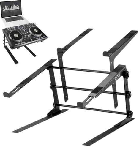 Pyle Portable Dual Laptop Stand - Standing Table with Adjustable Height, Ergonomic Design & Anti-Slip Prongs for DJ Mixer, Sound Equipment, Workstation, Gaming & Home Use - PLPTS38, Black