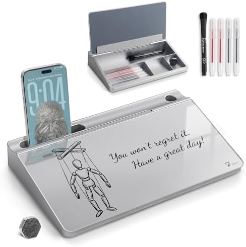 TOWON Glass Desktop Whiteboard with Storage 12x7 in, Metallic Silver