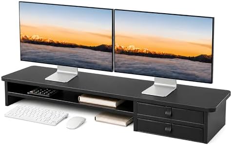 Dual Monitor Stand, 42.5 Inch Wood Monitor Riser with Drawers, 2 Tier Desktop Organizer for Computer Laptop TV, Large Screen Stand for Home Office Desk