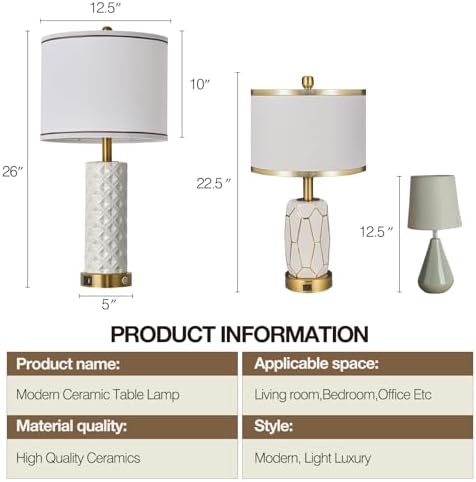 Set of 2 Table Lamp for Living Room Bedroom Farmhouse,26'' Touch Control Bedroom Ceramic Lamps 3-Way Dimmable Bedside Lamps with USB A+C Ports Linen Shade for Home(2 Bulbs Included)