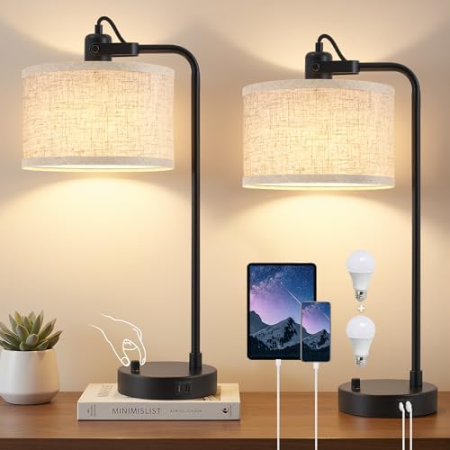 Black Table Lamp Set of 2, USB A+C, 180° Adjustable Bedside Lamps, Dimmable