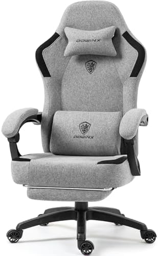 Dowinx Fabric Gaming Chair with Pocket Spring Cushion,Breathable Computer Chair with Massage Lumbar Support and Footrest,High Back Game Office Chair for Adult,Grey