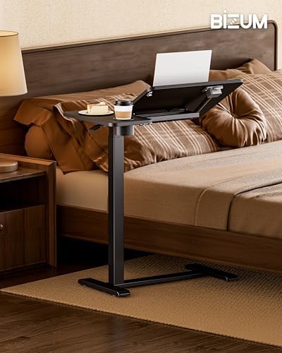 BZIUM Overbed Bedside Table with Hidden Wheels, Adjustable Medical Tilt Top Hospital Bed Table Over The Bed, Rolling Desk Mobile Standing Desk (31.5x15.8, Black)