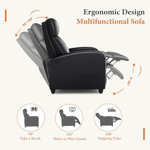 Sweetcrispy Recliner Chair PU Leather Recliner Sofa No Massage, Home Theater Seating with Lumbar Support, Adjustable Push Back Overstuffed High-Density Sponge Reclining for Living Room, Black