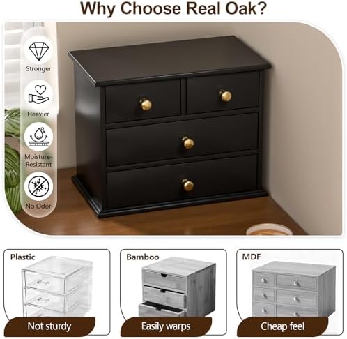 Oak Desk Organizer with Drawers, Durable Wooden Desktop Storage Box