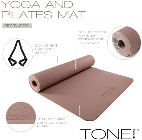 TONE Fitness 1/4" Yoga Mat, Non-Slip Exercise & Pilates Mat with Strap