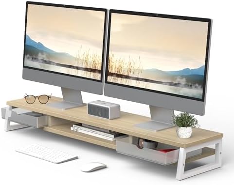 Fenge Dual Monitor Stand Riser, 42.5in Desk Shelf with 2 Drawers, Oak