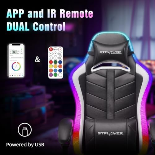 GTPLAYER Gaming Chair, Computer Chair with RGB LED Lights, High Back Ergonomic Chair for Adults with Footrest and Linkage Armrests& Headrest Lumbar Support (Without Bluetooth Speakers)