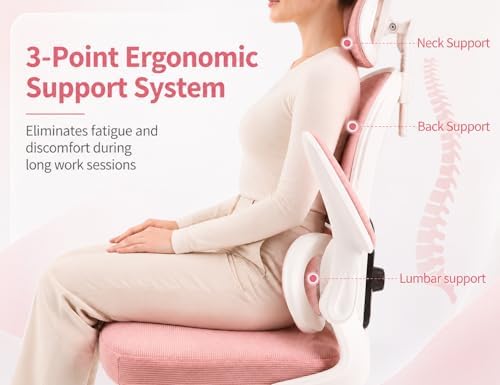 Ergonomic Office Chair with Adjustable Headrest & Lumbar Support, High Back Mesh Desk Chair, 330 LBS Capacity Swivel Computer Chair with Flip-Up Arms, Home Office Gaming Chair(Pink)