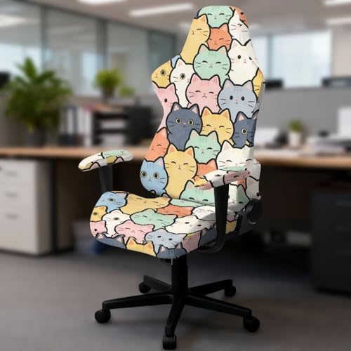 Cute Cat Print Gaming Chair Cover with Armrest Covers Stretch Non Slip Furniture Protector Washable Stain Resistant Office Desk Chair Slipcover