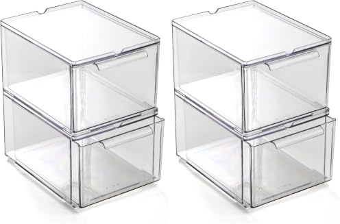 BINO | Clear Stackable Storage Drawers, Medium - 4 Pack | Clear Storage Drawers with Built-In Handles | Durable Plastic Organizer Drawer | Modular Stackable Drawer Acrylic Organizer