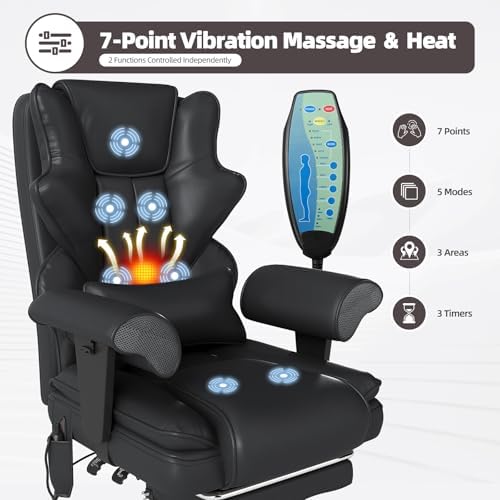 7-Point Massage Office Chair,Heated Desk Manageral Chair,Ergonomic Executive Chair with Footrest,Adjustable Armrest，Computer Chair for Offices, Study Room, Gaming Spaces,Black