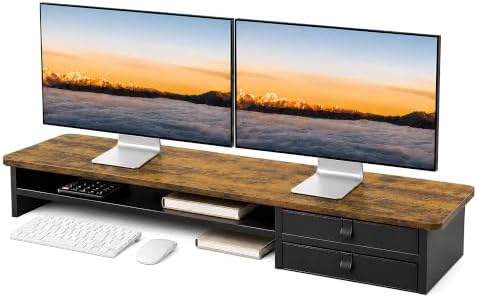 Dual Monitor Stand, 42.5 Inch Wood Monitor Riser with Drawers, 2 Tier Desktop Organizer for Computer Laptop TV, Large Screen Stand for Home Office Desk
