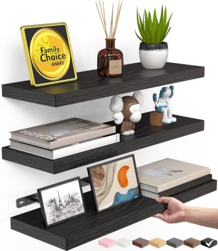 BAYKA Black Floating Shelves 15.7in, Set of 3, Wall Mount Rustic Wood Shelf