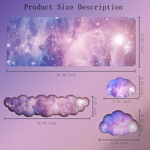 Cloud Wrist Rest Keyboard Purple Cloud Mouse Pad Set 4PCS Galaxy Large Desk Mat Ergonomic Space Wrist Pad Support Memory Foam Non-Slip Wrist Rest for Keyboard and Mouse Computer Gaming Home Office