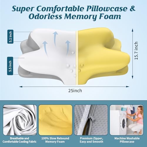 Cervical Neck Pillow for Pain Relief, Ergonomic Side Sleeper Pillow for Sleeping, Contour Orthopedic Memory Foam Pillows for Back & Stomach Sleepers with Pillowcase (Light Grey)