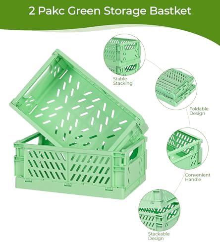 HUUSMOT 2-Pack Collapsible Plastic Storage Baskets, Green, 9.8"x6.5"x3.8"