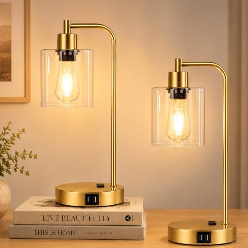Industrial Touch Control Table Lamps Set of 2 - Gold Nightstand Bedside Lamps with 2 USB Ports & AC Outlet, 3-Way Dimmable Desk Lamp for Bedroom Living Room, Glass Shade & 2 LED Bulbs Included
