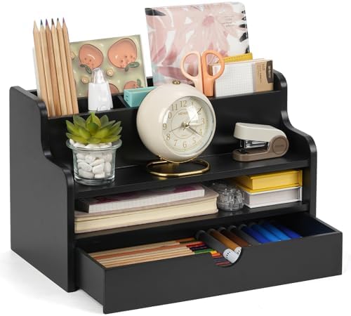 Mail Organizer Countertop, 4 Slots Desk Organizer with Drawer and Shelf