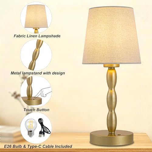CASTLELIFE Rechargeable Cordless Table Lamp, 5000mAh Battery Powered Touch Desk Lamp, 3-Level & Stepless Dimmable Night Light, Portable Bedside Lamp for Bedroom, Outdoor, Bulb Included, Gold