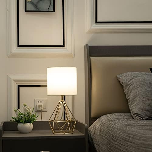 SOTTAE Gold Table Lamps Set of 2, Small Gold End Table Lamp with White Fabric Shade,Bedside Nightstand Lamp with Geometric Metal Design,Modern Desk Lamp for Living Room Bedroom