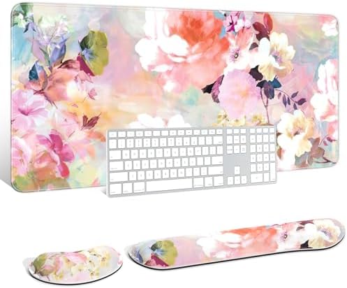 Auhoahsil Large Mouse Pad with Wrist Rests for Keyboard & Mouse, Thick Soft Ergonomic Memory Foam Wrist Supports, Big & Long Desk Mat 35.5 x 15.7 in, for Office Gaming Computer, Pink Flowers