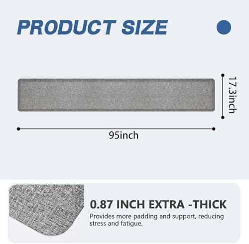 Anti Slip 7/8 inchs Anti Fatigue Kitchen Floor Mat, Ergonomic Comfort Standing Mat, Waterproof Kitchen Runner for Home, Kitchen, Office, Laundry, Garage (Light Gray, 17.3" x 95" -0.87")
