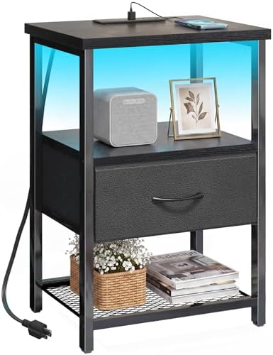 Fixwal Night Stand with Charging Station, Black Led Nightstand, 1 Drawer