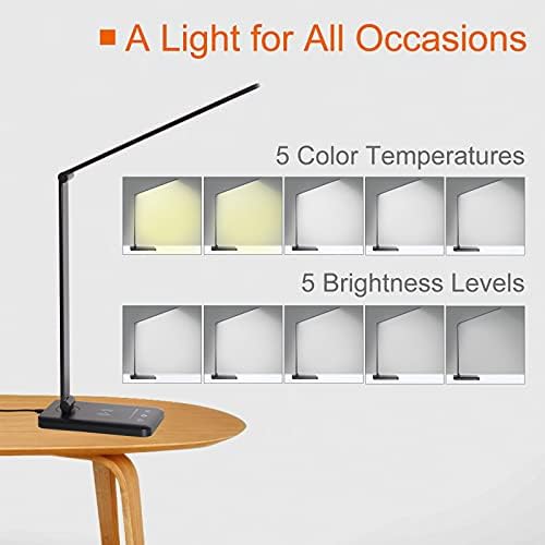 LED Desk Lamp with Wireless Charger,Eye-Caring Table Lamps,Stepless Dimmable Office Lamp with USB Charging Port,Touch/Memory/Timer Function,25 Brightness Lighting,Foldable Lamp